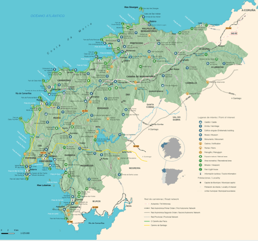 Mapa de la comarca de Costa da Morte con municipios de Cee, Corcubión, Fisterra y Carnota